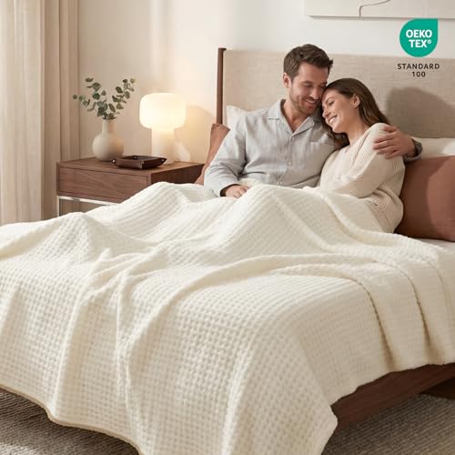 Snuggle Sac Cream Bedding Blankets Queen Size 90x90 inches, Reversible Microfiber Fluffy Fuzzy Soft Throw Cozy Knit Blanket for Women Mothers Birthday Gifts - color: Waffle Cream, size: Queen(90"x90")