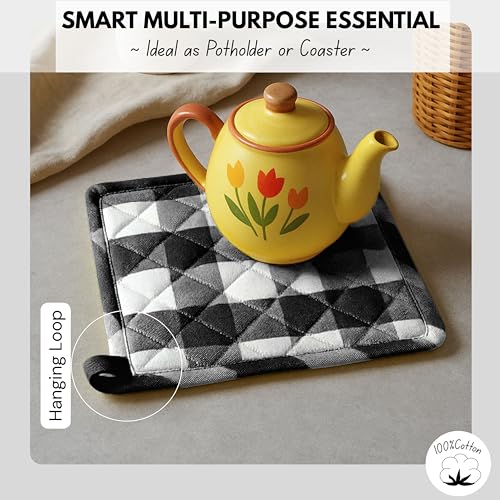 Native Fab Buffalo Plaid Check Oven Mitts and Pot Holders Set of 4, 100% Cotton Heat Resistant Kitchen Gloves, 2 Oven Mitts (7x13), 2 Pot Holders (8x8) for Cooking & Baking, Black White - color: Buffalo, Black