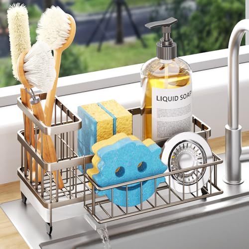 Consumest Sponge Holder for Kitchen Sink - Auto Draining Sink Caddy Organizer with Detachable Rack, High Brush Holder, Kitchen Countertop Storage Accessories, Sand Nickel - color: Sand Nickel, size: Large