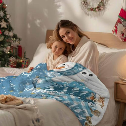 Blue Snowman Throw Blanket, Let Snow Christmas Super Soft Warm Flannel Blankets for Bed Couch Sofa Pine Trees Bird Winter Snow Scene Animal Lightweight Fluffy Plush Bed Throws 40x50 Inch - color: Blue White, size: 40''x50''