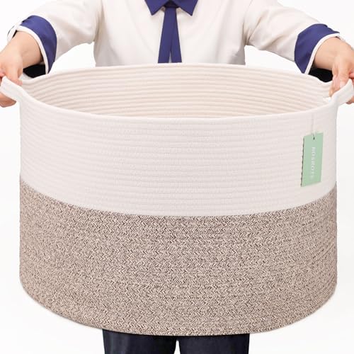 Large Cotton Rope Blanket Basket, 87L Laundry Hamper, White & Brown | Collapsible Woven Nursery Hamper, Sturdy Handles for Clothes Toys Towels, Ideal for Living Room Bedroom Bathroom - color: White & Brown, size: 87L (22"x14")