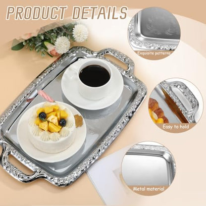 Metal Serving Tray, Silver Large Rectangular Antique Serving Platter, European Retro Style Tray for Cookies, Charcuterie, Snacks, Desserts, Fruit, Party Food (39. 00x23. 00x1. 70cm)