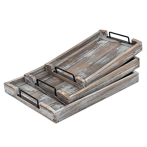 Country Rustic Torched Wood Nesting Breakfast Serving Trays with Handles, Set of 3 (Torched Wood) - color: Torched Wood