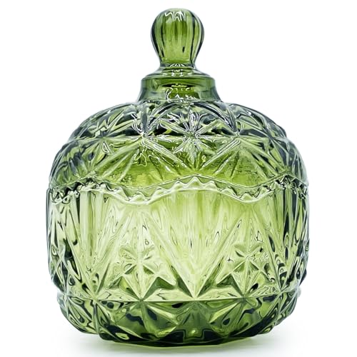 Colorful Crystal Glass Candy Snack Barrel Storage Jar Embossed Luxury Cookie Buffet Canister With Lids Jewelry Box Jar Biscuit Containers(Olive Green Color) - color: Crown-Olive Green Color