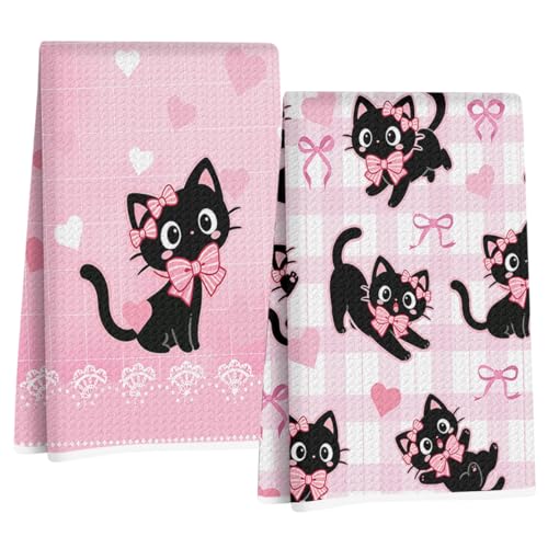 2 Pcs Pink Bow Cat Kitchen Towels 24x14 Inch, Cats Gifts Reuse Hand Towel | Cats Absorbent Waffle Dish Towels for Drying Dishes Kitchen Home Decor, Cat Lover Gifts for Women Mom - color: Multi 1524