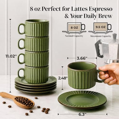 DOWAN Cappuccino Cup Set of 4, 8 OZ Ceramic Coffee Cups with Saucers, Coffee Mugs, Ribbed Espresso & Latte Cups Set, Elegant Stoneware for Home & Café Use - color: Green, size: 8 oz