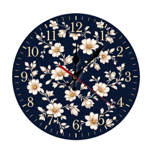 Floral Pattern on Dark Background Design Round Wooden Wall Clock, Silent Non-Ticking Battery Operated Decorative Wall Clock for Living Room, Bedroom, Kitchen, Office, Farmhouse Home Decor - color: Color547, size: 9.8x9.8in
