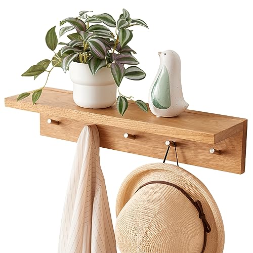 Oak Wood Coat Rack Wall Mount With Shelf 20 Inch Long, 5 Hooks, Floating Entryway Wall Shelf for Bathroom, Hallway, Living Room - size: 20 Inch