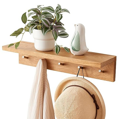 Oak Wood Coat Rack Wall Mount With Shelf 20 Inch Long, 5 Hooks, Floating Entryway Wall Shelf for Bathroom, Hallway, Living Room - size: 20 Inch