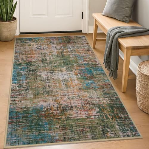 KILOCOCO 3x5 Entryway Rug Abstract Washable Area Rug, Green/Orange/Blue | Non Slip Kitchen Rugs, Soft Front Door Rug, Machine Washable Rugs 3x5, Indoor Foyer Rug, Printed Living Room Floor Carpet - color: Multi Green, size: 3' x 5' (Rectangular)