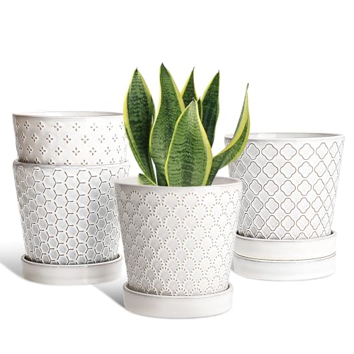 EFISPSS Ceramic Plant Pots Indoor, 5 Inch Planters with Drainage Holes and Ceramic Tray, Relief Design Flower Planter, Desktop Office Windowsill Decoration Gift Set of 4, White - color: Ceramic White