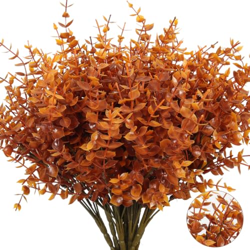 RECUTMS Fall Outdoor Decor Artificial Plant UV Resistant Faux Greenery Stem | 8Pcs,Brown Faux Eucalyptus Plants,Plastic Fall Mums Shrubs,Outdoor Plants Artificial for Porch Farmhouse Thanksgiving Decor - color: Brown Eucalyptus, size: 8 Pcs