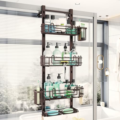HapiRm 4 Tier Over the Door Shower Caddy, Hanging Shower Caddy with 22 Hooks and 2 Toothbrush Holders, No Drilling Adjustable Hanging Bathroom Organizer - Bronze - color: Bronze, size: 4-tier