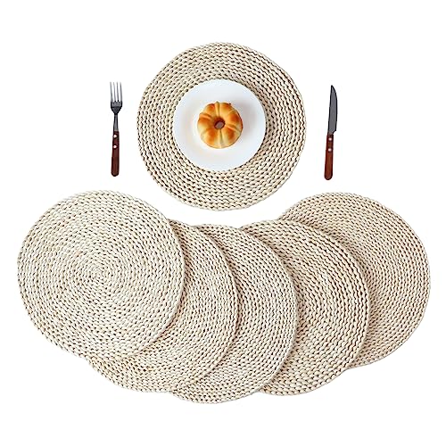 YRMT Round Woven Placemats Set of 6 Corn Husk Woven Placemat Braided Straw Water Hyacinth Place Mats for Dining Table, Wedding, Natural 13.8" in