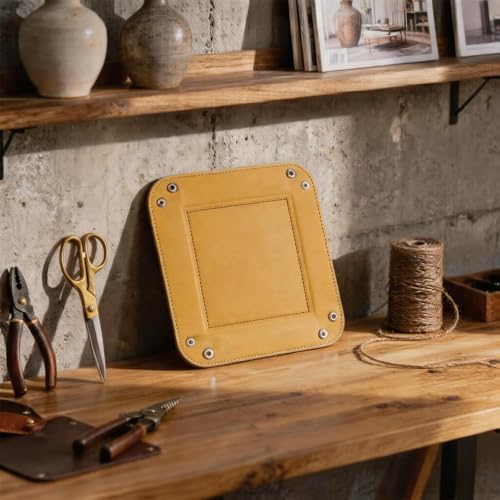 Valet Tray Desktop Storage Organizer – Vegan Leather Catchall Tray Bedside Vanity Tray Nightstand Caddy Holder for Remote Controller, Watch, Keys, Phone, Wallet, Coin, Jewelry, Yellow - color: Yellow
