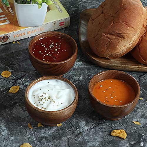 Set of 6 Acacia wood small bowls, 4 fl oz 3.2 * 2 inches | Hand carved small dipping bowls for sauce, salsa. Little bowls for ingredient prep, spices | Charcuterie boards accessories