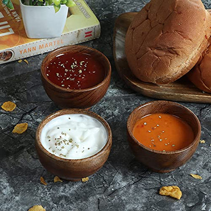 Set of 6 Acacia wood small bowls, 4 fl oz 3.2 * 2 inches | Hand carved small dipping bowls for sauce, salsa. Little bowls for ingredient prep, spices | Charcuterie boards accessories