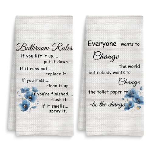 Funny Bathroom Rules Decorative Hand Towels Set of 2, Rustic Farmhouse Hand Towels for Bathroom Decor, 16x24 Inch(Blue Floral Style) - color: Blue Floral Style