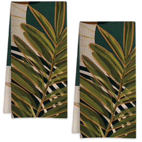 Mid Century Boho Sun Leaf Geometric Hand Towels for Bathroom Set of 2,Soft Absorbent Waffle Weave Kitchen Towels Dish Towel,Decorative Bathroom Towel for Kitchen Yoga Home Decor 16X24 Inch - color: Mid Century Boho Sun Leaf Geometric