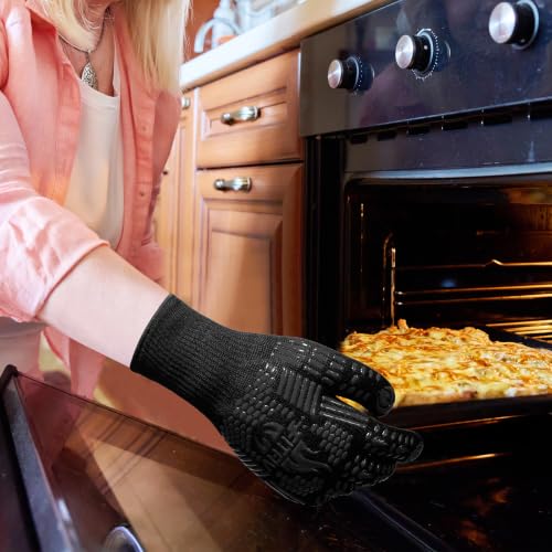 BBQ Gloves, 1472°F Heat Resistant with Silicone Grip Oven Mitts | Non-Slip Grip, for BBQ, Grilling, Oven, Smoker, Cooking and Baking - color: Black, size: Long (Glove L 13.78" × Palm W 6.33")