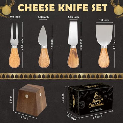 Cheese Knife Set for Charcuterie - 4 Small Stainless Steel Cheese Knives and Fork with Magnetic Acacia Wood Holder - Charcuterie Board Accessories