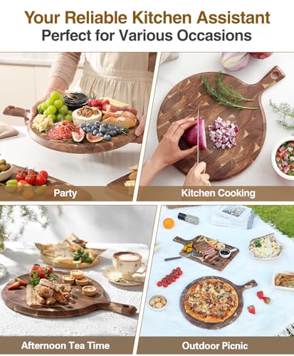 XINZUO Acacia Wood End-Grain Round Cutting Board with Handle for Kitchen Bread Pizza Cheese Fruit Charcuterie Serving Cutting Board, Two-sided Use, 16.7 x 12.5 x 0.75 inches - size: 16.7"L x 12.5"W