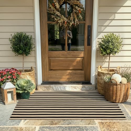 KIMODE Front Door Mats Fall Front Porch Door Rug Welcome Entryway Doormat | Striped, Black and Khaki, 24"x51", Farmhouse,Reversible Washable,,Hand Woven Cotton, Layered Doormat outdoor,Entry Rug Decor - color: Black/Khaki Stripes, size: 2' x 4'3" (Rectang
