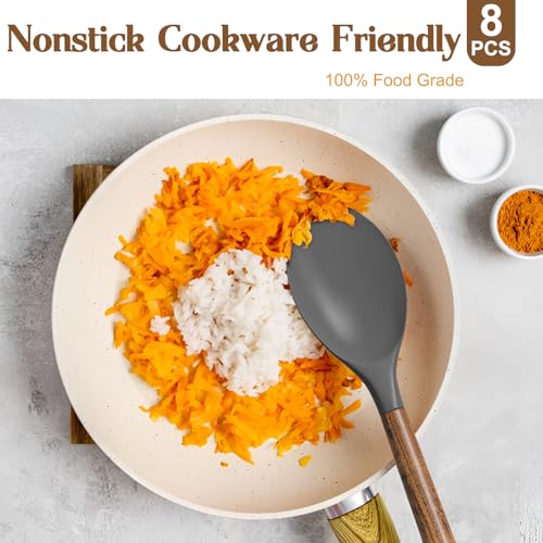 Umite Chef Silicone Cooking Utensil Set, 8-Piece Kitchen Utensils Set with Natural Acacia Wooden Handles,Food-Grade-Silicone Kitchen Gadgets and Spatula Set for Nonstick Cookware - Grey - color: Gray