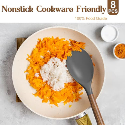 Umite Chef Silicone Cooking Utensil Set, 8-Piece Kitchen Utensils Set with Natural Acacia Wooden Handles,Food-Grade-Silicone Kitchen Gadgets and Spatula Set for Nonstick Cookware - Grey - color: Gray