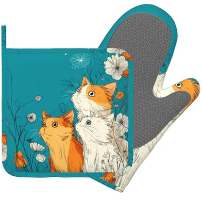 Cute Cat Kitten Oven Mitts and Pot Holders Sets Non-Slip Silicone Surface for BBQ Gloves,Kitchen,Cooking,Baking,Grilling - color: Cute Cat Kitten