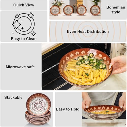 Yeacccng Bohemian Pasta Bowls Set of 6, 8.5 Inch 35 Oz Ceramic Serving Bowls, Brown Color Block Design, Lead-Free Cadmium-Free, Dishwasher Microwave Oven Safe, Scratch-Resistant Salad Soup Bowls - size: 8.5 inch pasta bowl (Brown*6)
