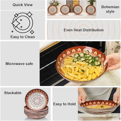 Yeacccng Bohemian Pasta Bowls Set of 6, 8.5 Inch 35 Oz Ceramic Serving Bowls, Brown Color Block Design, Lead-Free Cadmium-Free, Dishwasher Microwave Oven Safe, Scratch-Resistant Salad Soup Bowls - size: 8.5 inch pasta bowl (Brown*6)
