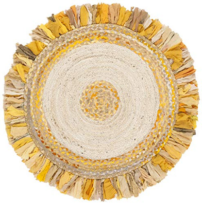 SAFAVIEH Cape Cod Collection Area Rug - 3' Round, Gold & Natural, Handmade Boho Fringe Jute & Cotton, Ideal for High Traffic Areas in Living Room, Bedroom (CAP212D)