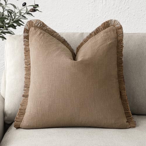 Foindtower Decorative Linen Fringe Throw Pillow Covers Cozy Boho Farmhouse Cushion Cover with Tassels Soft Accent Pillowcase for Chair Sofa Bed Living Room Home Decor, 16×16 Inch, 1PC, Khaki Brown - color: Brick, size: 16" x 16" (Pack of 1)