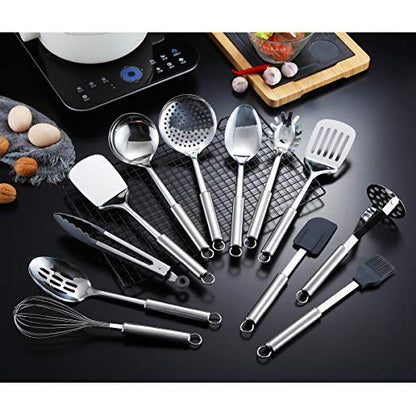 Berglander Cooking Utensil Set 12 Piece Stainless Steel Kitchen Tool Set, Include Cooking Spoon, Spatula, Whisk, Cooking Tong and etc (12 Pieces) - color: C. 12 Pieces