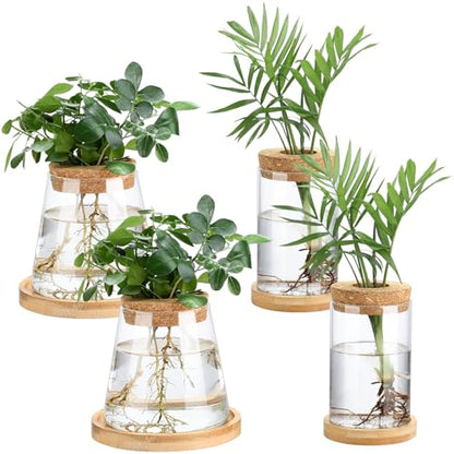 Layhit 4 Pcs Plants Propagation Stations vases Glass Planters with Wooden Lid and Bamboo Stand for Hydroponic Plants Gardening Gifts for Women Mom Home Office Tabletop Decoration(Stylish Style) - style: Stylish Style