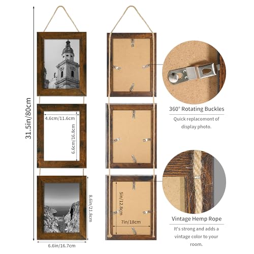 5x7 Collage Picture Frames Set of 2, Rustic Wooden Real Glass Vertical Hanging 3 Opening 5 by 7 Photo Frame, Brown - color: Brown, size: Vertical-5x7 in