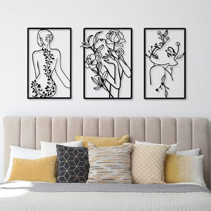 CHENGU 3 Pieces Metal Minimalist Abstract Woman Wall Art Line Drawing Wall Art Decor Single Line Female Home Hanging for Kitchen Bathroom Living Room - style: Lovely Style