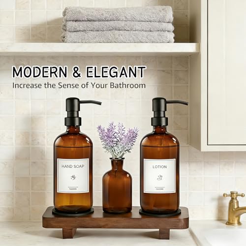 KEYWING 16oz Amber Glass Kitchen Soap Dispenser Set with Wood Tray | Hand and Dish Soap Dispenser Set with Stainless Steel Pumps, Waterproof Labels, Non-Slip Silicone Pads, for Kitchen, Bathroom