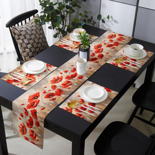 Table Runner and Placemats Set of 4 Red Flower Floral Decorative Dining Table Runner with Matching Placemats Branch Leaves Plant Nature Table Decor for Kitchen Dining Room and Everyday Use 13x90in - size: 13"x90"+4pcs