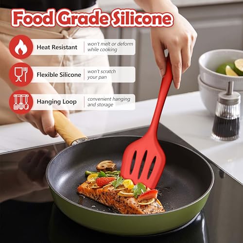 LIANYU 14 Pcs Silicone Cooking Utensils Set with Holder, Red | Kitchen Utensils Set for Non-Stick Cookware, 446°F Heat Resistant Cooking Tools with Comfort Grip Handle, Dishwasher safe - color: Red