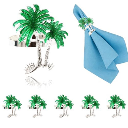 Palm Tree Napkin Rings Set of 6 Tropical Coastal Napkin Holder Ring for Spring Party Summer Wedding Decor,Green Coconut Tree Dining Table Setting for Hawaii Holiday Gatherings & Beach House - style: Palm Tree