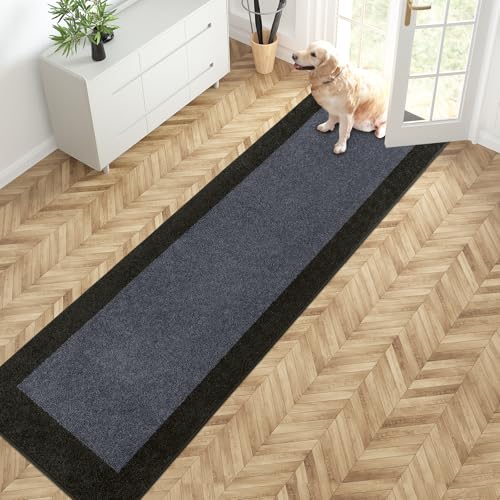 PURRUGS Hallway Runner Rug, 24" x 96", Bluish Grey & Charcoal | Machine Washable, Non-Slip, Waterproof TPR Backing, Super Absorbent, Low Profile, For Hallway, Kitchen, and Entryway - color: Bluish Grey & Charcoal, size: 24" X 96"