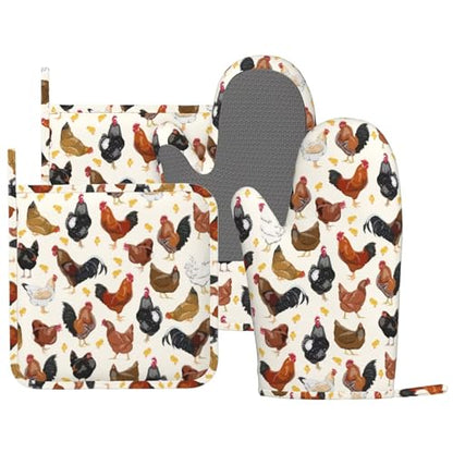 Rooster Hen Oven Mitts and Pot Holders Sets Silicone Rustic Domestic Animal Chicken Kitchen Mitts Potholders Heat Resistant 4Pcs Oven Gloves Hot Pads for Kitchen Baking Cooking BBQ Grilling - color: Rooster Hen
