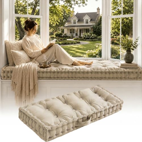 Non-Slip Bench Cushion, Velvet Bay Window Cushions Indoor, Window Seat Cushions, Tufted Bench Cushions for Indoor/Outdoor Furniture, French Floor Cushions with Handle(Beige,39x18x4in) - color: Beige, size: 39x18x4in