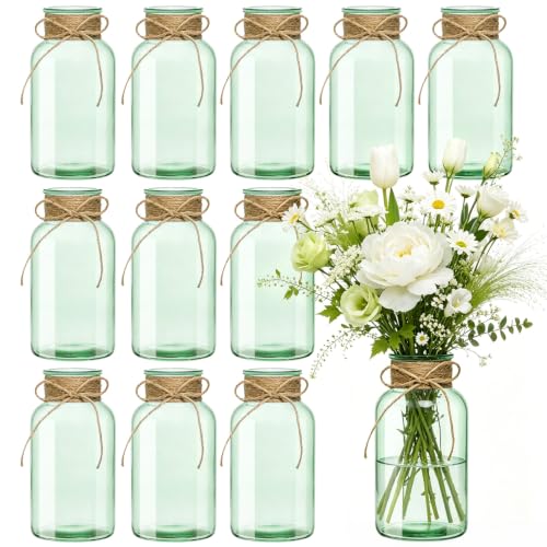 Glass Flower Vase,12 PCS Farmhouse Mason Jar for Centerpiece | Green Vintage Vases in Bulk for Weddings, Bridal Showers, Baby Showers & Home Decor - color: Green