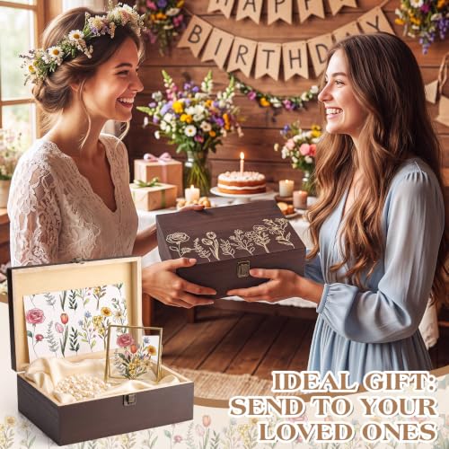 Marsui Wildflower Wooden Keepsake Box, 10.6 x 7.7 x 3.9 Inch Decorative Memory Box with Hinged Lid for Crafts Photos Letters Cards Jewelry Storage, Rustic Floral Gift Boxes for Women Wedding Birthday