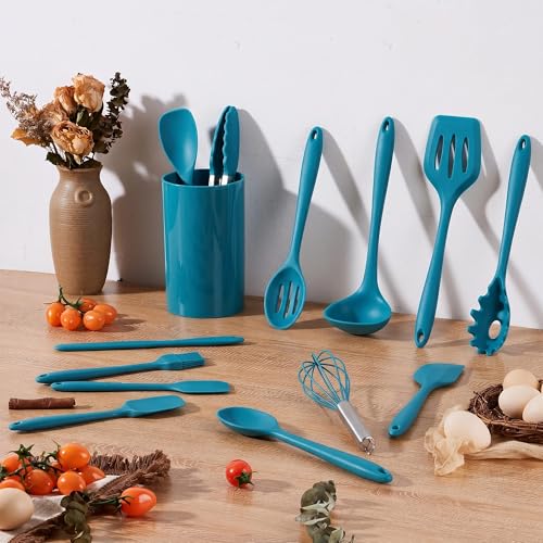 LIANYU 14 Pcs Silicone Kitchen Cooking Utensils Set with Holder,Dark Blue | 446°F Heat Resistant Silicone Cooking Utensils Spatula Set, Non-Stick & Dishwasher Safe Cooking Tools, Comfort Grip Handle - color: Dark Blue