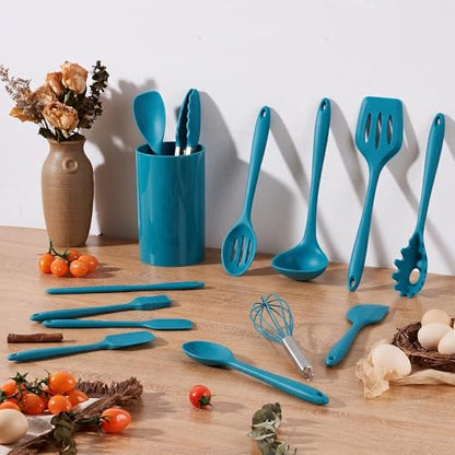 LIANYU 14 Pcs Silicone Kitchen Cooking Utensils Set with Holder,Dark Blue | 446°F Heat Resistant Silicone Cooking Utensils Spatula Set, Non-Stick & Dishwasher Safe Cooking Tools, Comfort Grip Handle - color: Dark Blue