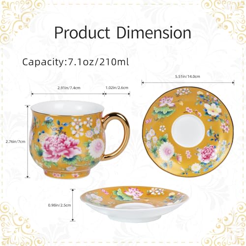KAMMAK Tea Cup and Saucer, Ceramic Coffee Cups, 7.1 oz, Set of 2 | Porcelain Tea Cups with Saucers for Coffee and Cappuccino, Ideal for Breakfast, Afternoon Tea and Entertaining,942+944N - style: 942N+944N